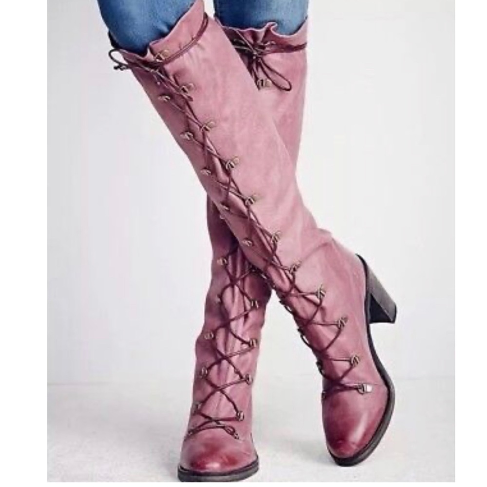 FREE PEOPLE PURPLE MEMPHIS LACE UP KNEE HIGH TALL BOOTS US 7.5 EUR 38